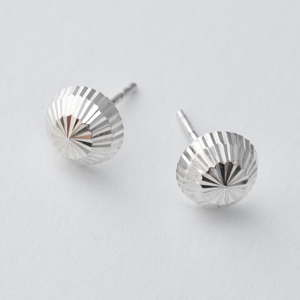Vintage Sterling Silver Dome Stud Earrings Faceted Diamond Cut Domed Studs